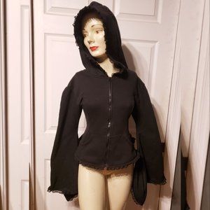 Hell Bunny Black Gothic Hoodie with Lace-up Back, Bell Sleeves, and Lace Trim, S